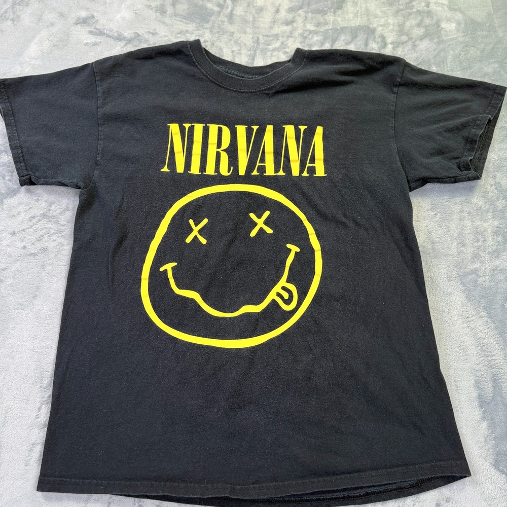 Nirvana Smiley Face Logo Graphic T-Shirt Black Yellow Band Tee Large